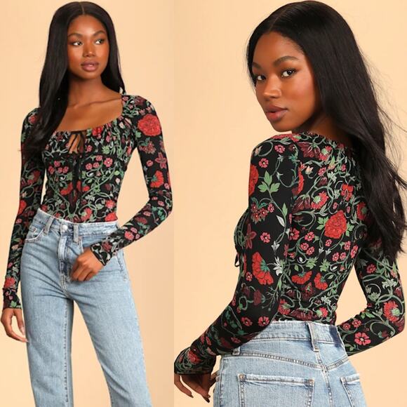 Free People Make it Easy Top Womens Large Black Floral Tie Front Cutout Blouse - Picture 5 of 9